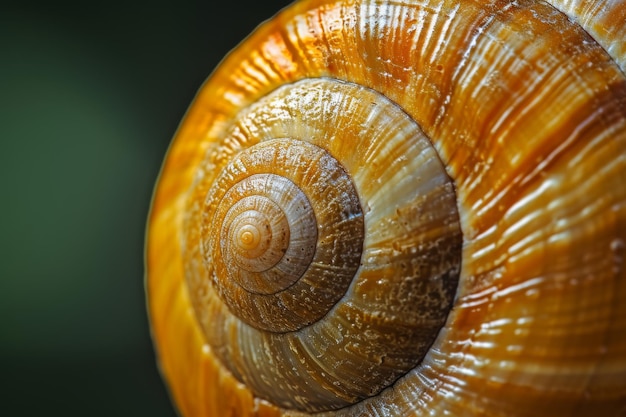 Questa foto da vicino mostra i dettagli e i modelli intricati di un guscio di lumaca rivelando la sua struttura e consistenza uniche foto da vicino delle spirali su un guscio da lumaca generata da AI