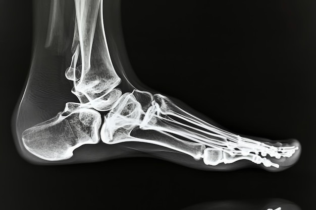 Questa foto mostra un'immagine a raggi X di un piede con un osso visibile che fornisce una visione chiara della struttura scheletrica caviglia e piede in una singola proiezione a raggi X AI generato