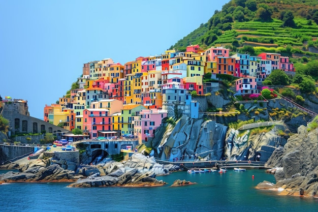 Questa foto mostra un villaggio colorato incastonato sul fianco di una montagna creando una scena pittoresca Una colorata città costiera ai piedi di una montagna Generato dall'intelligenza artificiale