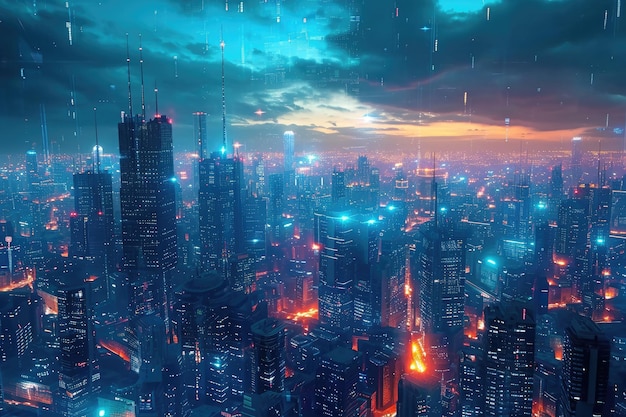 Questa foto mostra una città vivace di notte con una moltitudine di edifici alti che illuminano lo skyline una città digitale futuristica che brilla la sera generata dall'IA