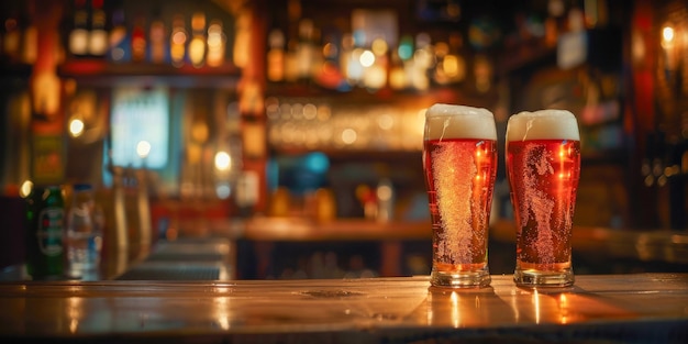 Questa foto raffigura due bicchieri di birra posizionati sopra un bancone di un bar che cattura un momento di celebrazione in un ambiente casuale