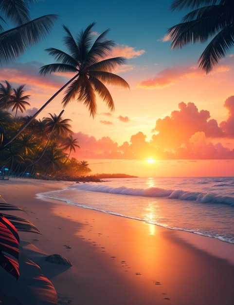 Questa grafica digitale è un'alba sulla spiaggia tropicale estremamente realistica
