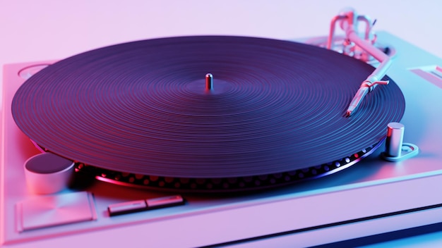 Questa illustrazione 3D mostra un giradischi in vinile con colori vivaci che aggiungono un tocco moderno e colorato a un giradisco di musica classica