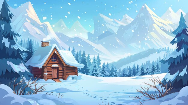 Questa illustrazione moderna illustra una scena invernale con una casa di legno in una foresta vicino alle montagne La capanna di legno è coperta di neve in questo paesaggio invernale