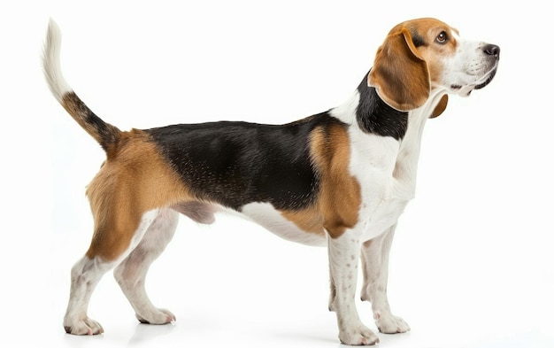 Questa immagine cattura un Beagle di profilo con uno sguardo curioso che evidenzia le sue caratteristiche acute e il suo comportamento amichevole