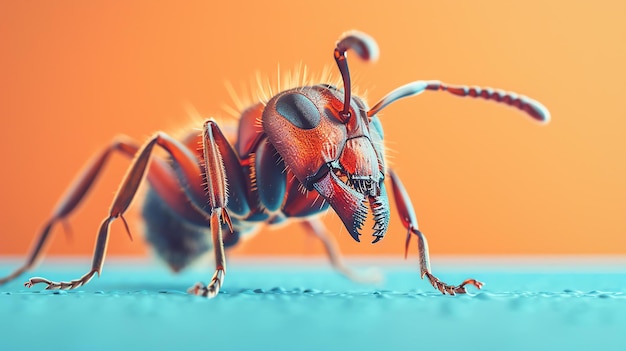 Questa immagine è un primo piano di una formica rossa La formica è in piedi su una superficie blu e sta guardando la telecamera