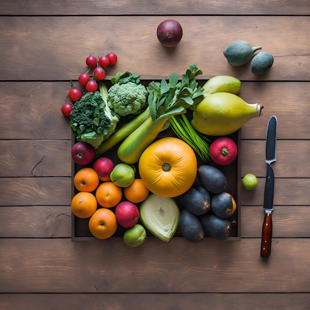 Questa immagine è una fotografia di alta qualità di vari frutti e verdure disposti su un vecchio legno