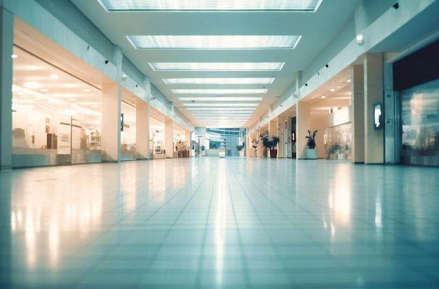 Questa immagine mostra un centro commerciale vuoto con luci sfocate