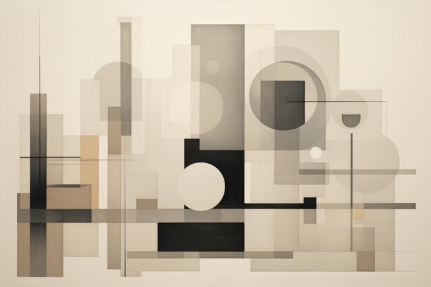 Questa immagine mostra un dipinto astratto composto da varie forme in bianco e nero Una serie di forme geometriche sovrapposte su uno sfondo monocromatico tenue Generato dall'intelligenza artificiale