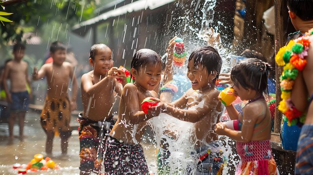 Questa immagine mostra un gruppo di bambini che giocano sotto la pioggia, sono tutti bagnati fino all'osso e i loro vestiti sono intonacati ai loro corpi.