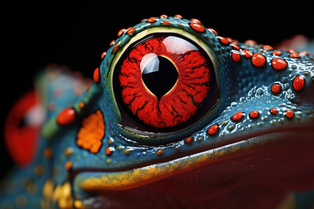 Questa immagine mostra un primo piano dettagliato dell'occhio di una rana che rivela le intricate caratteristiche del suo organo visivo Vista di un ricevimento di nozze dalla prospettiva dell'occhio degli uccelli AI Generato