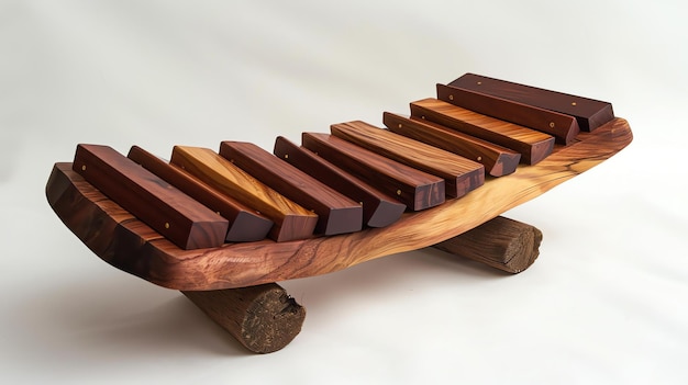 Questa immagine mostra uno xilofono di legno fatto a mano da un singolo pezzo di legno