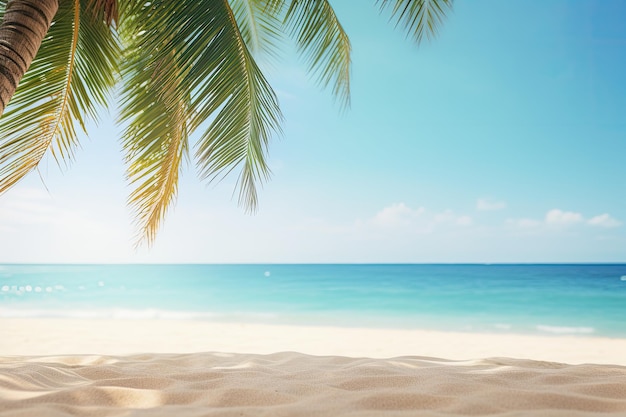 Questa immagine presenta una spiaggia sabbiosa con una palma sfocata e uno sfondo di spiaggia tropicale Rappresenta il concetto di vacanza estiva e viaggi con ampio spazio per contenuti aggiuntivi