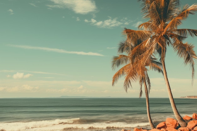 Questa meravigliosa spiaggia tropicale con ondeggianti palme da cocco sullo sfondo Illustrazione di a