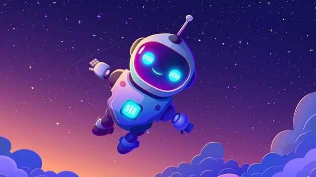 Questa moderna illustrazione di cartoni animati raffigura un carino robot che vola nello spazio ha un'antenna a mani e un sorriso guidato sul suo schermo digitale
