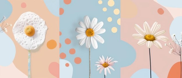 Questi moderni fiori e punti di margherita sono tagliati in carta per collage elementi di design moderni per il tuo progetto illustrazione moderna