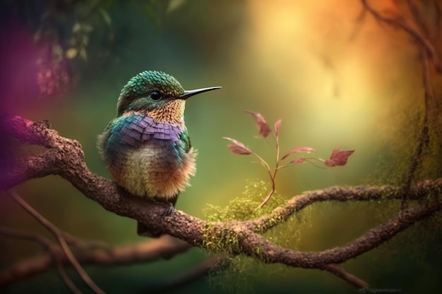 Questo adorabile colibrì appollaiato sul ramo di un albero del bosco crea un'immagine straordinaria
