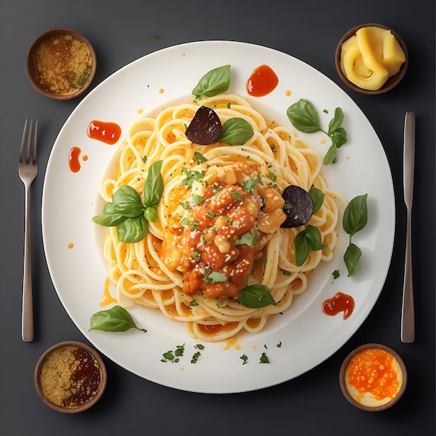 Questo concetto evidenzia un'immagine generata dall'intelligenza artificiale di un delizioso piatto di pasta