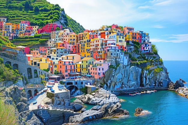 Questo dipinto raffigura un villaggio situato in cima a una scogliera con una vista panoramica dell'oceano Edifici di colori vivaci di un villaggio mediterraneo sulla scogliera AI Generato