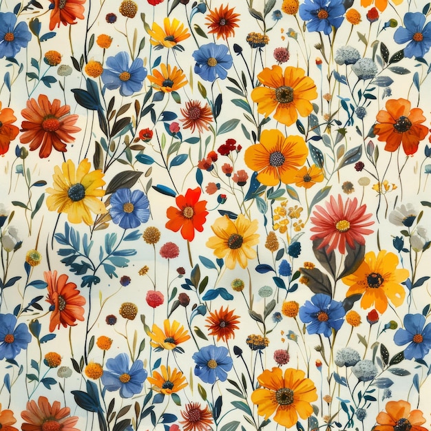 Questo disegno senza cuciture presenta fiori selvatici colorati dipinti ad acquerello