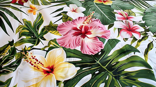 Questo è un bellissimo disegno floreale con fiori di ibisco rosa e gialli con foglie verdi