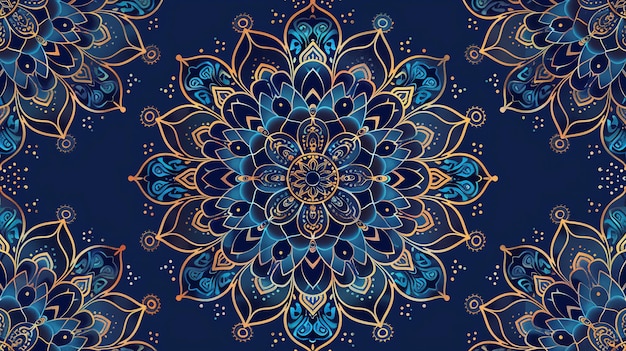 Questo è un bellissimo e intricato disegno di mandala i colori blu intenso e oro sono ricchi e vibranti e i dettagli intricati sono ipnotici