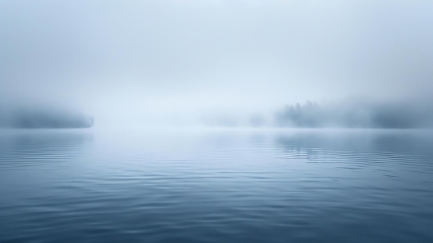 Questo è un bellissimo paesaggio di lago nebbioso l'acqua è calma e ferma e la nebbia si rotola dolcemente sulla superficie