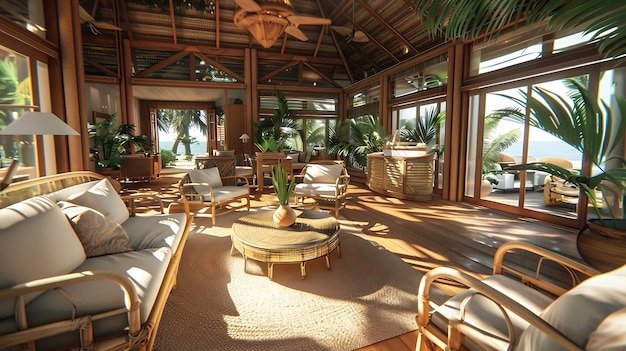 Questo è un bellissimo soggiorno con un tema tropicale la stanza è decorata con materiali naturali come il legno e il rattan