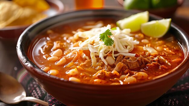 Questo è un delizioso e ricco pozole una zuppa tradizionale messicana fatta con carne di maiale e verdure