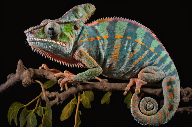 Questo è un maschio Ambilobe Panther Chameleon Furcifer pardalis appollaiato su un ramo fotografato in primo piano su uno sfondo nero