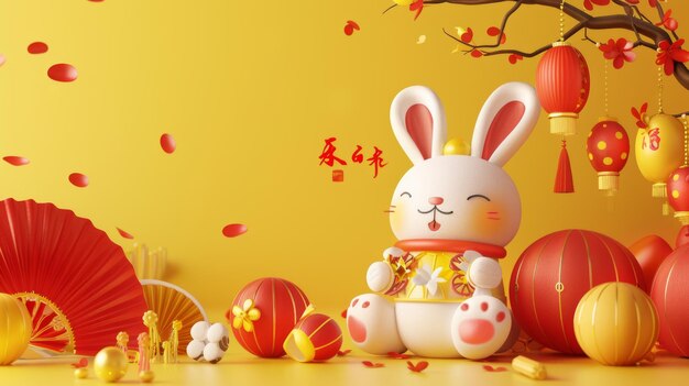 Questo è un poster 3D che raffigura un coniglio carino con oggetti tradizionali del nuovo anno su uno sfondo giallo con il testo Buon anno nuovo