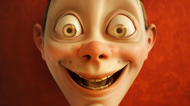 Questo è un rendering 3D del volto di un personaggio dei cartoni animati. Il personaggio ha caratteristiche esagerate con occhi grandi un sorriso largo e un naso grande.