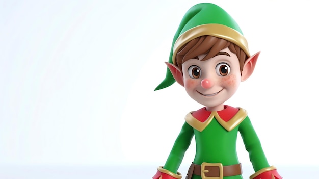 Questo è un rendering 3D di un elfo di Natale. Indossa un abito verde con un cappello rosso e dorato. Ha i capelli castani e gli occhi blu.