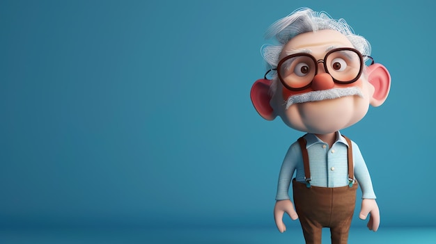 Questo è un rendering 3D di un vecchio dei cartoni animati che indossa occhiali una camicia blu e pantaloni marroni ha una barba bianca e baffi
