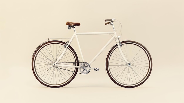 Questo è un rendering 3D di una bicicletta d'epoca con un telaio bianco e pneumatici marroni ha un design classico con un frame stepthrough e una sella marrone