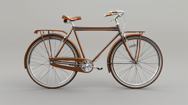 Questo è un rendering 3D di una bicicletta d'epoca ha un telaio in legno marrone con un sedile in pelle marrone e pneumatici marroni