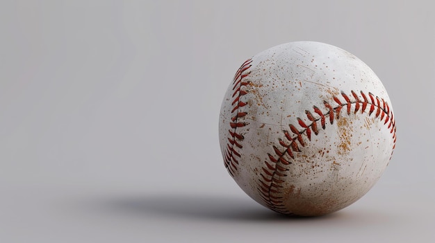 Questo è un rendering 3D di una palla da baseball leggermente usata. La palla è bianca con cuciture rosse e ha una superficie sfregata.