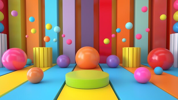 Questo è un rendering 3D di una scena colorata e giocosa Ci sono diverse palle e podi di colori vivaci disposti in modo stravagante