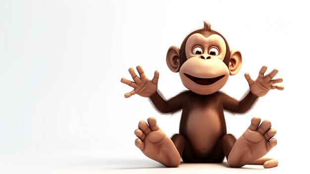 Questo è un rendering 3D di una scimmia carina e felice la scimmia è seduta su uno sfondo bianco e ha le mani e i piedi stesi