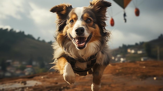 Questo è un ritratto di un cane felice e sorridente che vola con un paracadute Generative AI