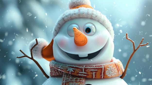 Questo è un uomo di neve carino e amichevole indossa un cappello e una sciarpa e ha una carota per naso è circondato dalla neve e sorride felicemente