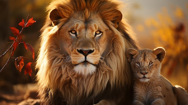 Questo fiero leone africano maschio viene coccolato dal suo cucciolo durante un momento affettuoso