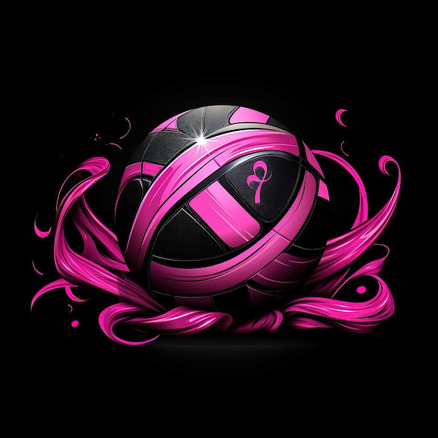 questo logo a nastro rosa è su una palla da pallavolo nello stile dello sfondo nero