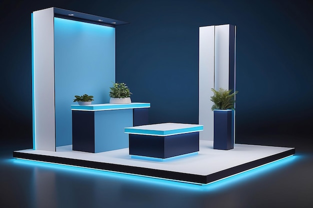 Questo podio è appositamente progettato per mostrare prodotti con una combinazione di blu chiaro sul podio e blu scuro sullo sfondo che crea un display di presentazione attraente