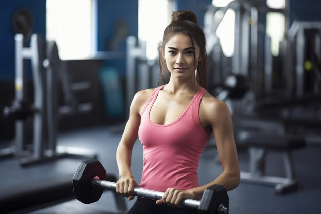 Questo ritratto raffigura una giovane donna che si esercita in palestra tenendo un manubrio con determinazione