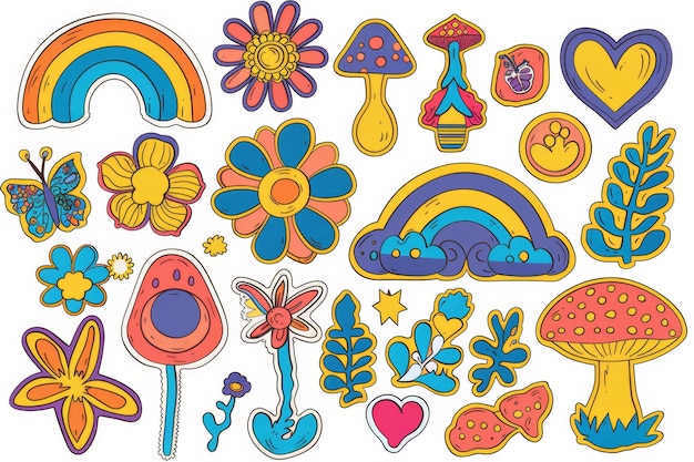Questo set hippie degli anni '70 presenta un divertente cartone animato fiore arcobaleno segno di pace cuore margherita funghi e altro in stile cartone psicedelico illustrazione isolata