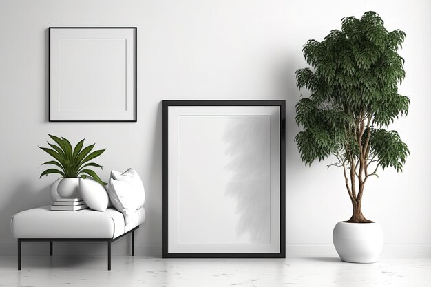 Questo soggiorno ha pareti bianche, pavimento, due poster incorniciati, un albero in vaso e un modello di specchio