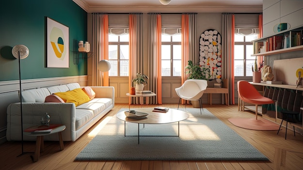 Questo soggiorno postmoderno mette in mostra un design audace e non convenzionale con una tavolozza di colori vibranti mobili non convenzionali Generato dall'intelligenza artificiale