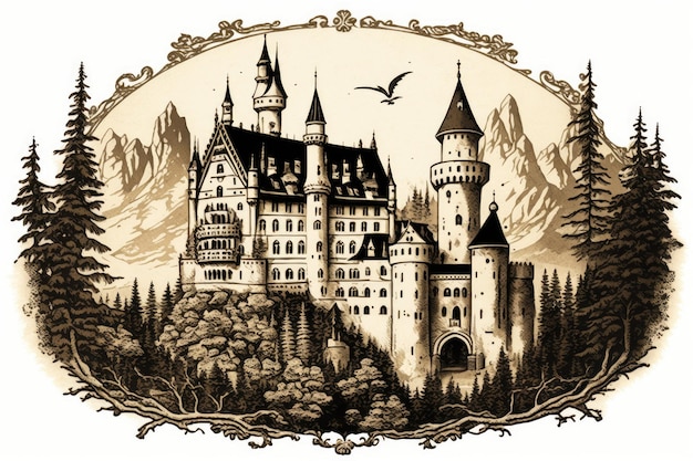 Qui abbiamo un disegno del famoso castello di Neuschwanstein nelle Alpi tedesche