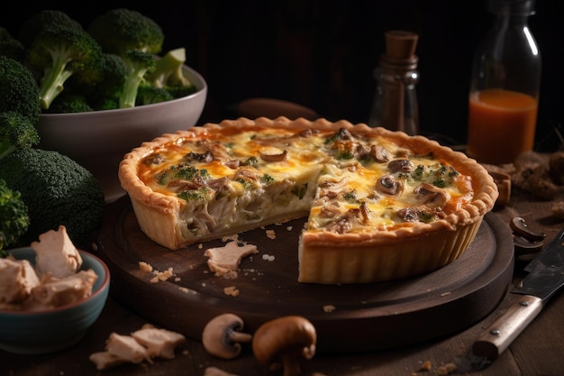 Quiche ai funghi torta con champignons broccoli e formaggio sul tavolo di legno Tradizionale torta francese Quiche Lorraine ai generativa